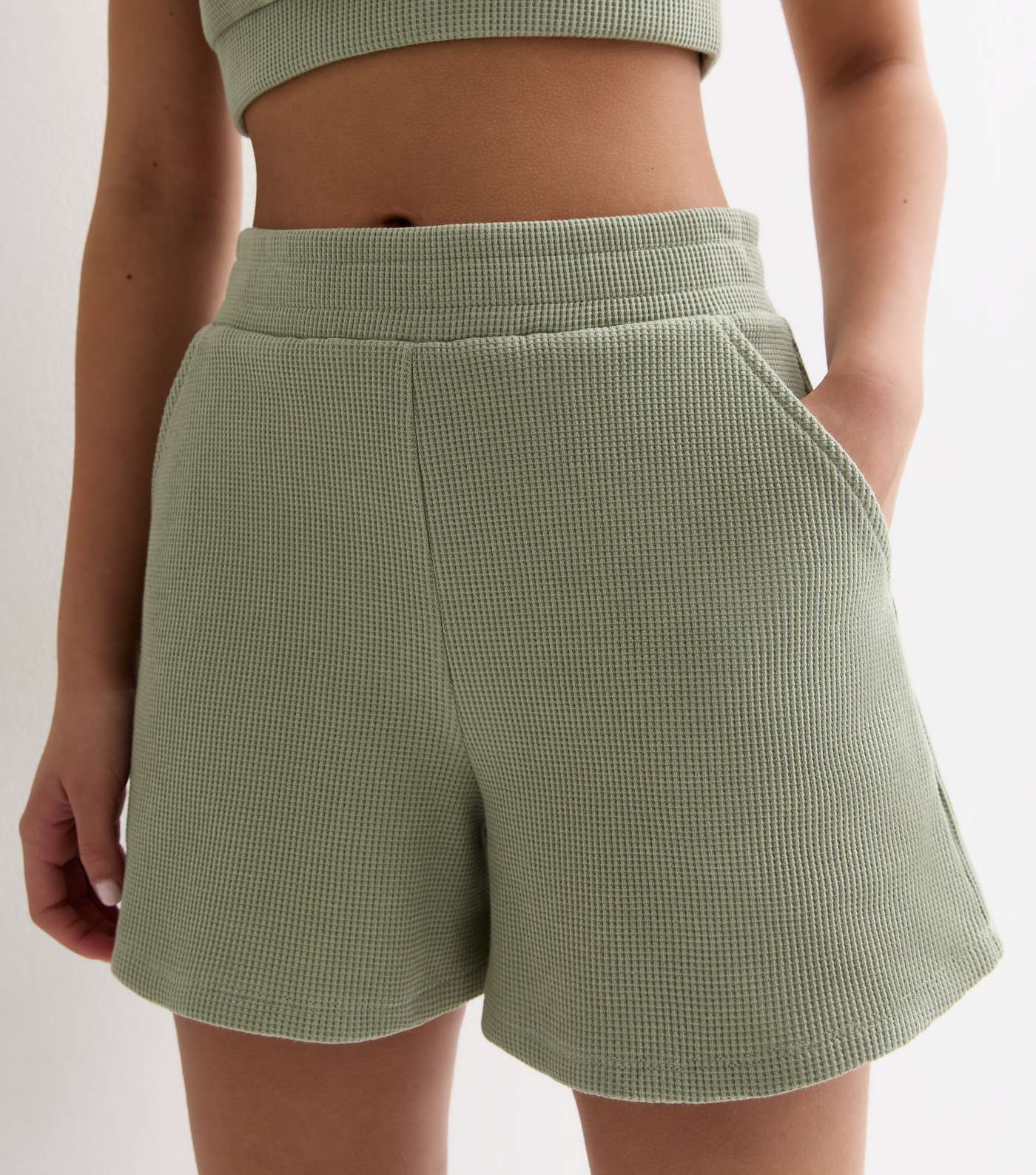 Light Green Cotton Waffle Shorts Image 2