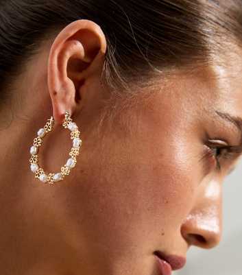 Gold Faux Pearl Flower Large Hoop Earrings