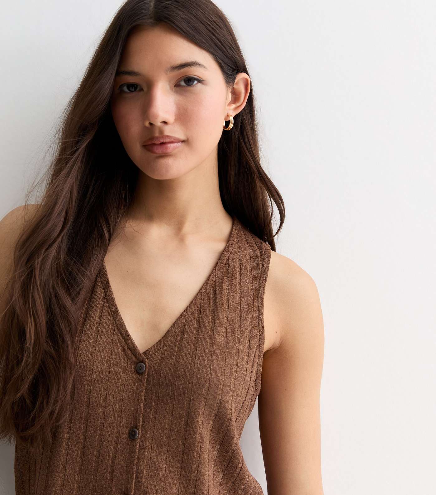 Brown Ribbed Knit Button Front Waistcoat Image 2