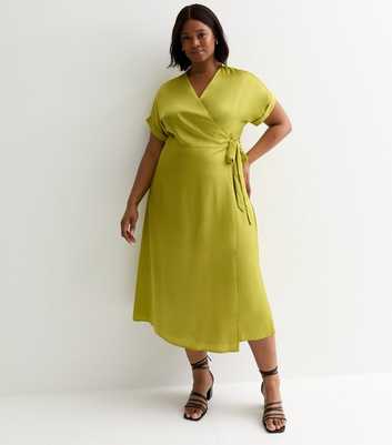 Curves Green Satin Midi Wrap Dress