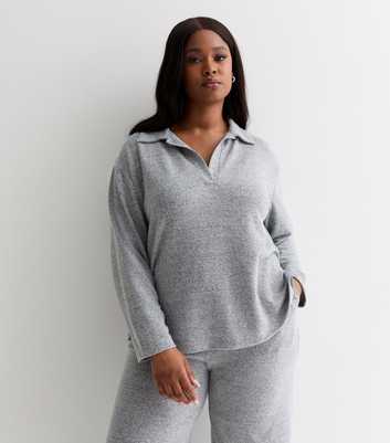 Curves Grey Brushed Knit Polo Top