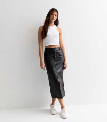Gini London Black Leather-Look Split Hem Midi Skirt