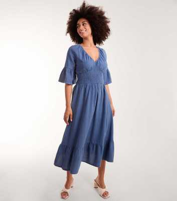 Blue Vanilla Blue Denim-Look Shirred Waist Midi Dress