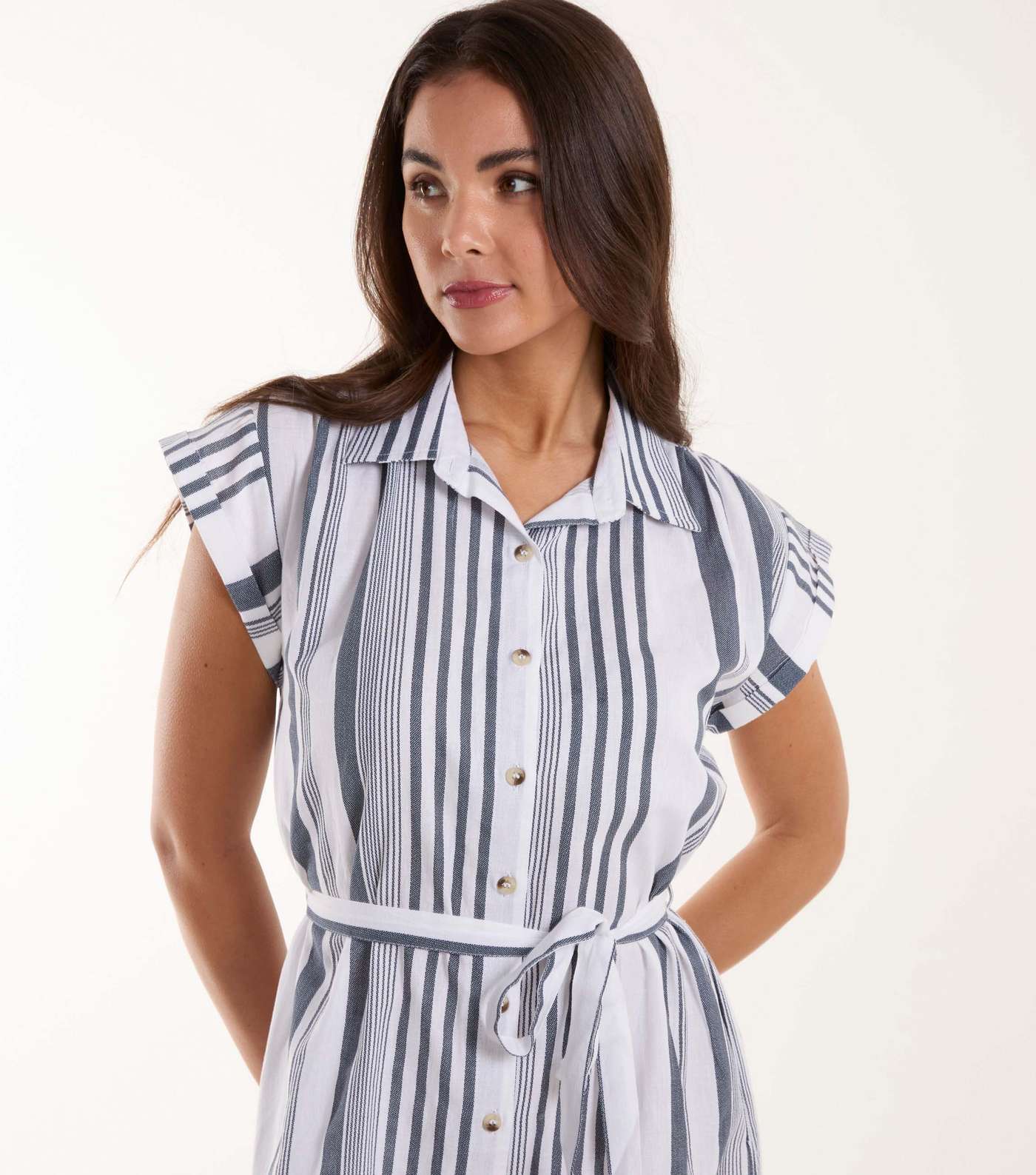 Blue Vanilla White Stripe Belted Mini Shirt Dress Image 3