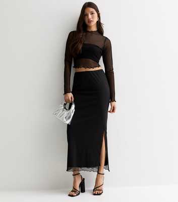 Black Plain Mesh Maxi Skirt