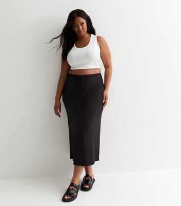 Curves Black Drawstring Midi Skirt