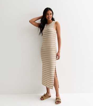 Brown Stitch Stripe Sleeveless Midi Dress