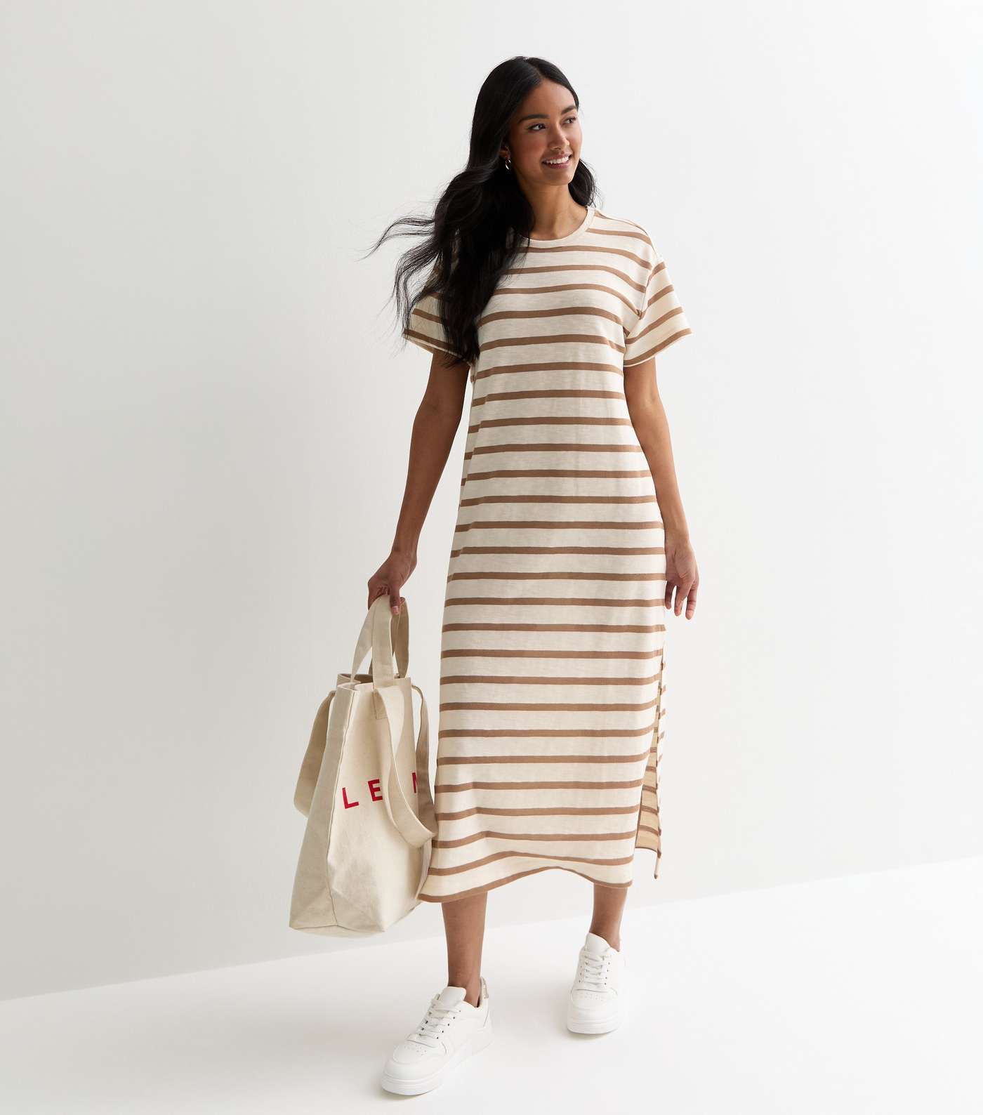 Off White Stripe Oversized Midi T-Shirt Dress Image 3