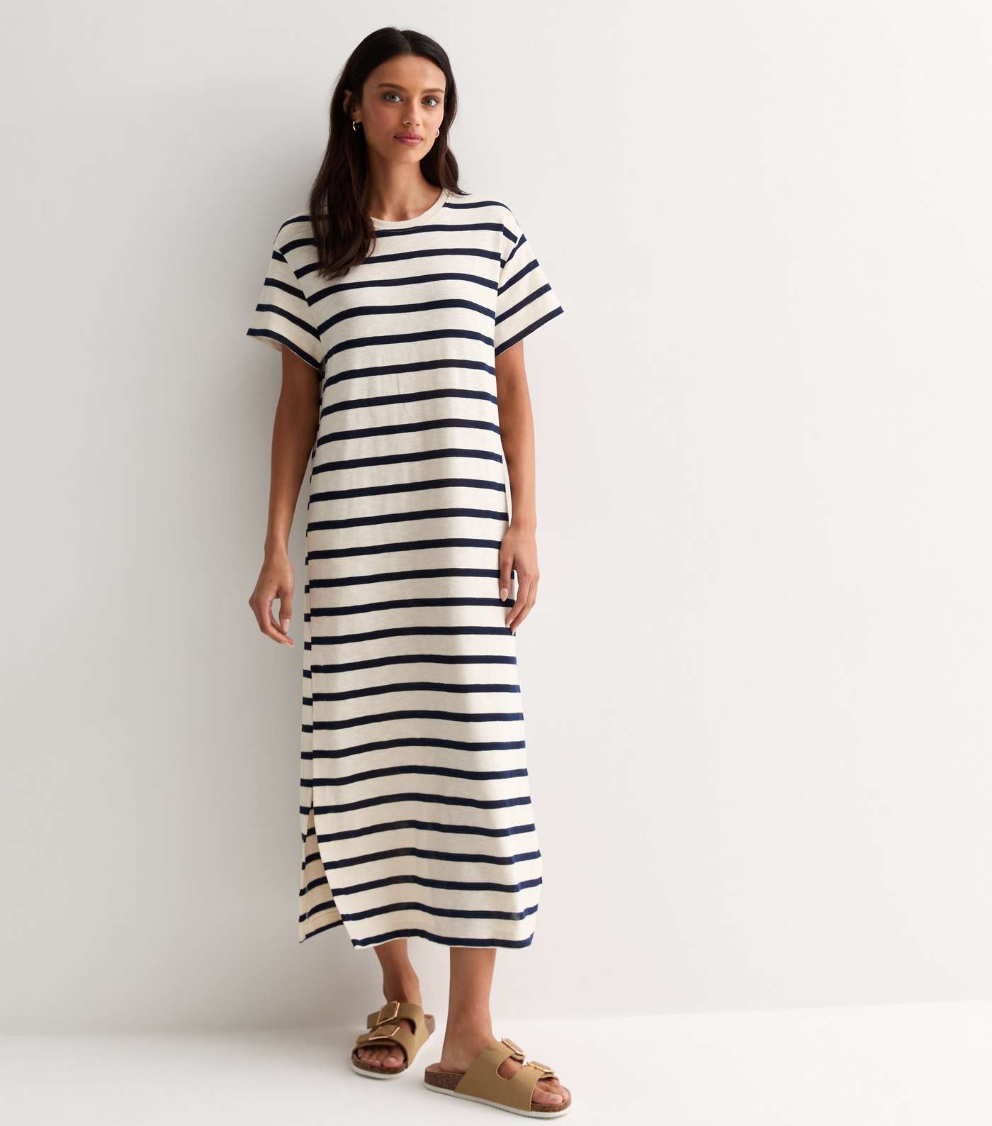 Navy and Cream Stripe Oversized Midi T-Shirt Dress Image 3