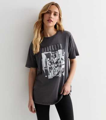 Dark Grey Acid Wash Brooklyn Logo Oversized T-Shirt