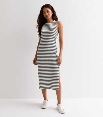 Petite Off White Stripe Fine Knit Midi Dress