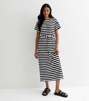 Black Stripe Belted Midi Dress