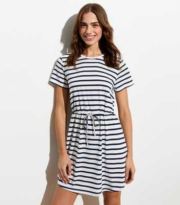 White Jersey Stripe Drawstring Mini Dress