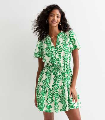 Green Leaf-Print Drawstring Mini Dress