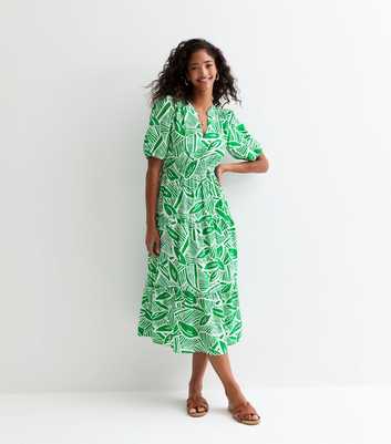 Green Leaf-Print Midi Dress