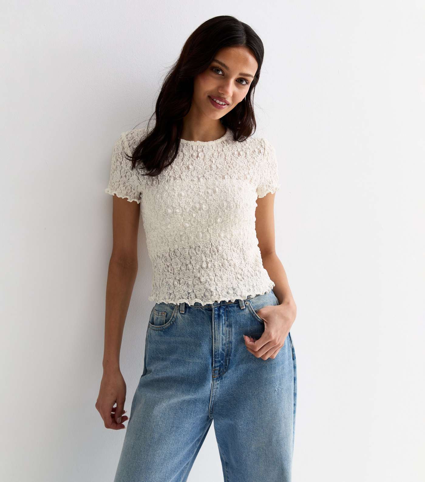 Off White Lace Crew Neck Frill Hem Top Image 2