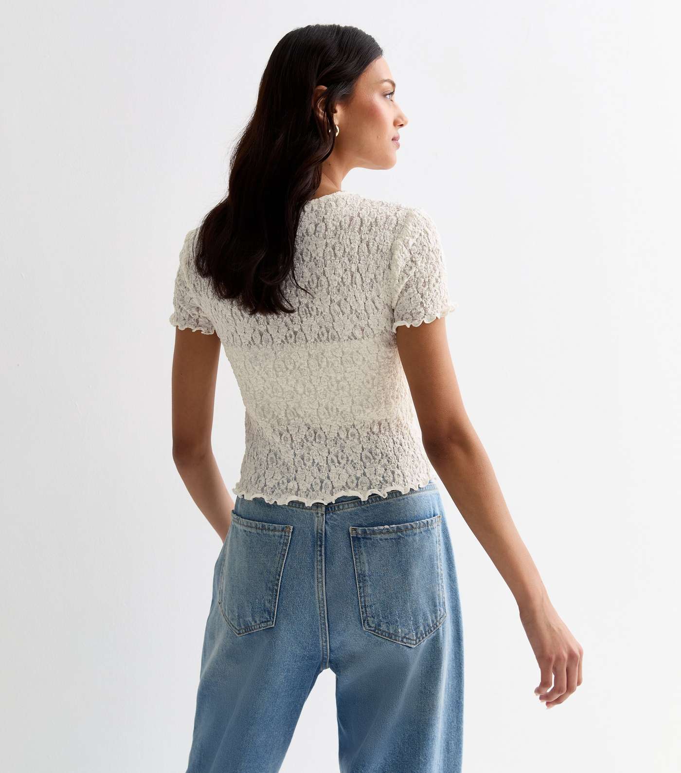 Off White Lace Crew Neck Frill Hem Top Image 4