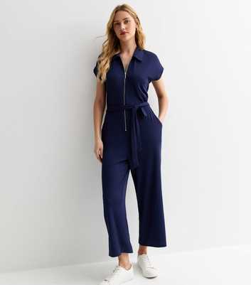 Navy Ribbed Zip Up Jumpsuit