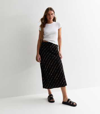 Black Diagonal Print Bias Cut Midi Skirt