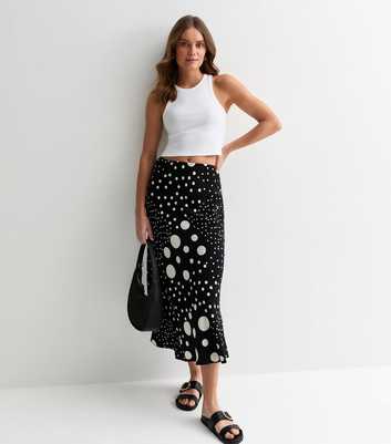 Black Spot Print Bias Cut Midi Skirt
