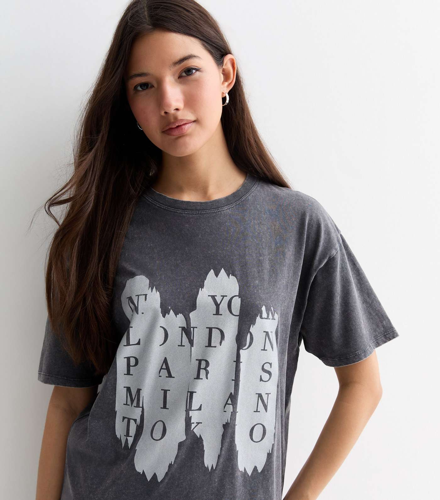 Grey Acid Wash Cotton City Logo Oversized T-Shirt Image 2