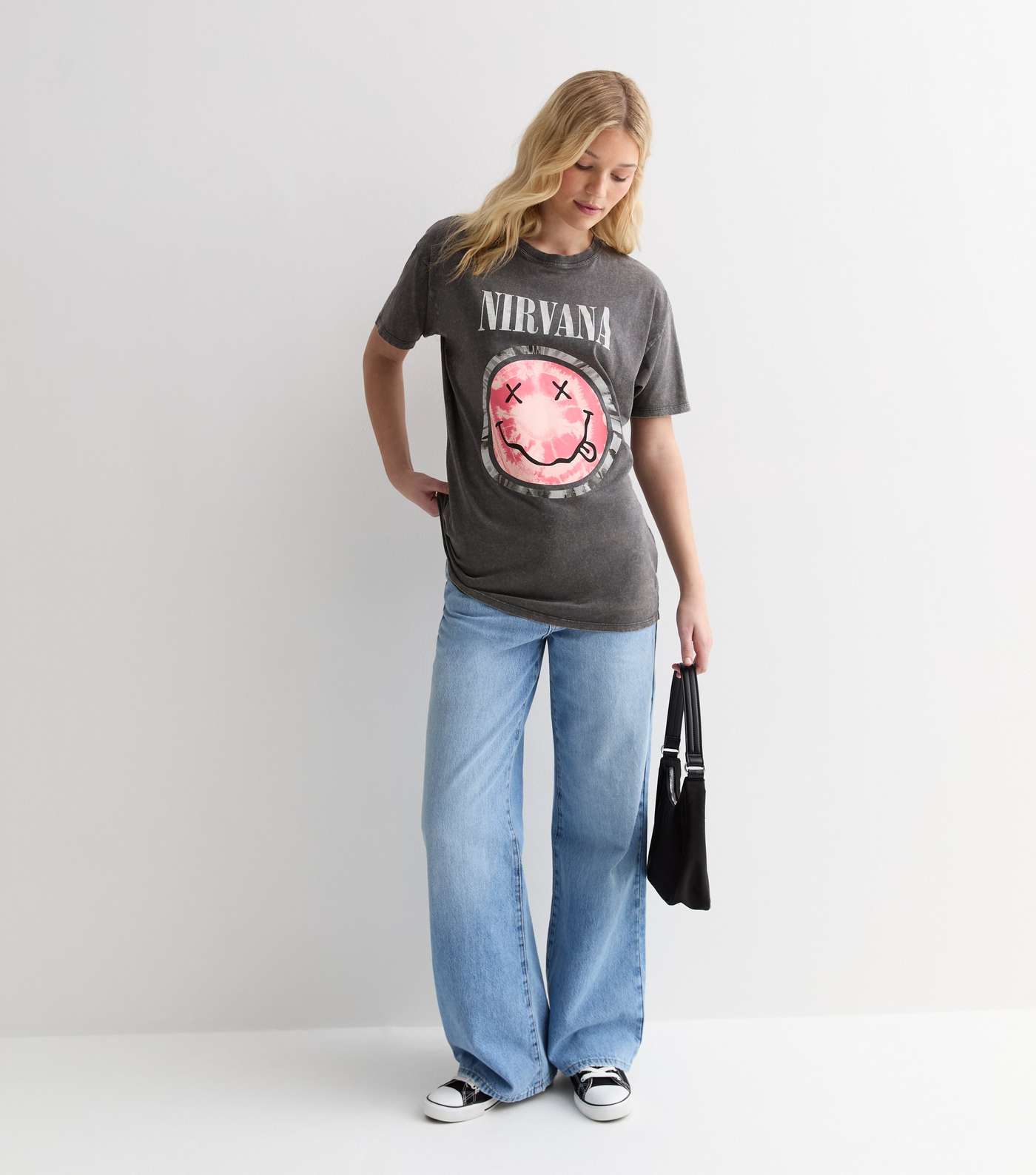 Dark Grey Acid Wash Nirvana Logo Oversized T-Shirt Image 2