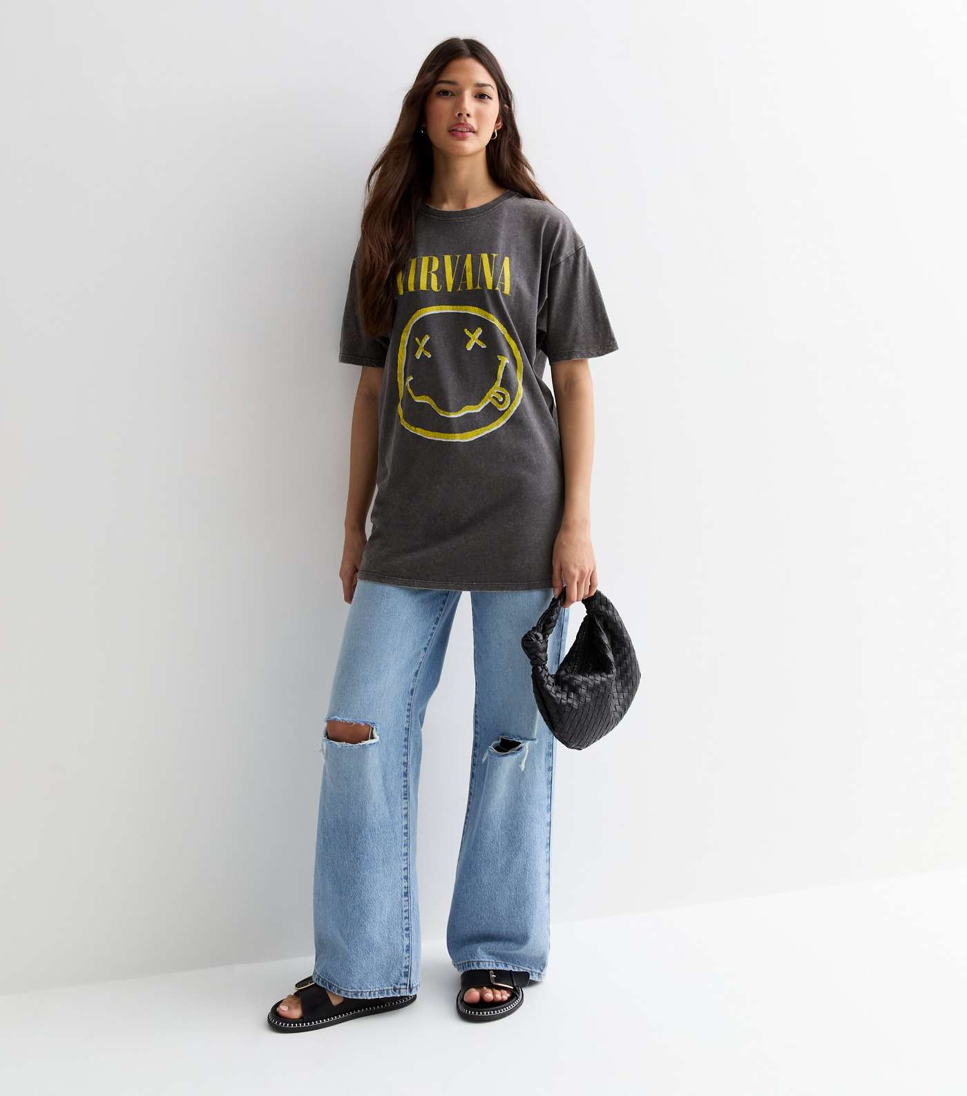 Dark Grey Acid Wash Cotton Nirvana Logo Oversized T-Shirt Image 3
