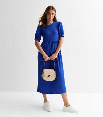 Blue Crinkle Short Sleeve Midi Smock Dress