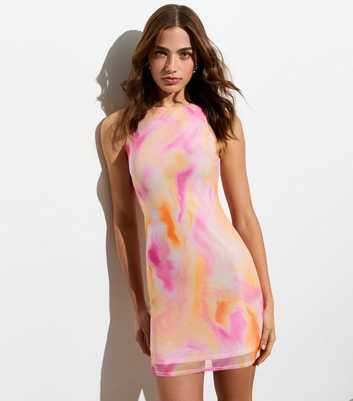 Pink Mesh Abstract Print Sleeveless Micro Mini Dress