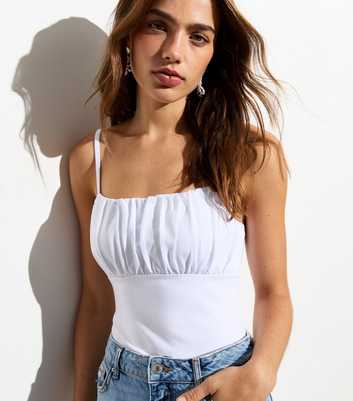White Ruched Front Strappy Bodysuit
