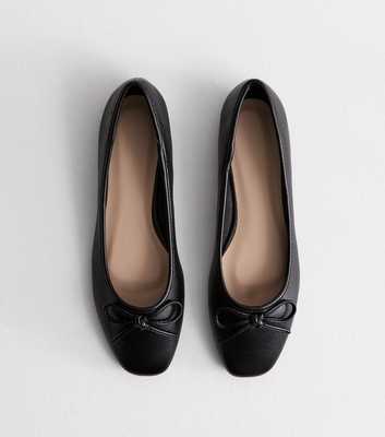 Truffle Black Leather-Look Bow Ballerina Pumps