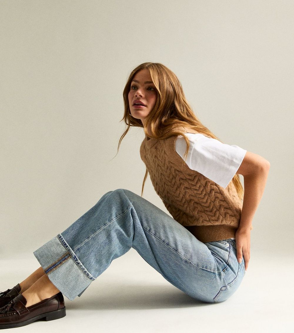 Blue Relaxed Turn Up Wide Leg Jeans