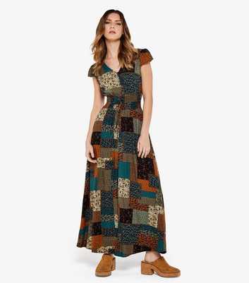 Apricot Brown Patchwork Print Shirred Waist Maxi Dress