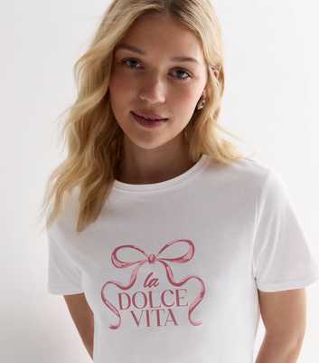White La Dolce Vita Bow Print Cotton T-Shirt