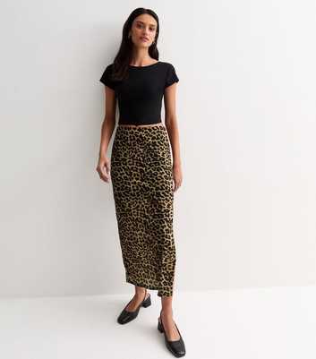 Brown Animal Print Split Hem Midi Skirt
