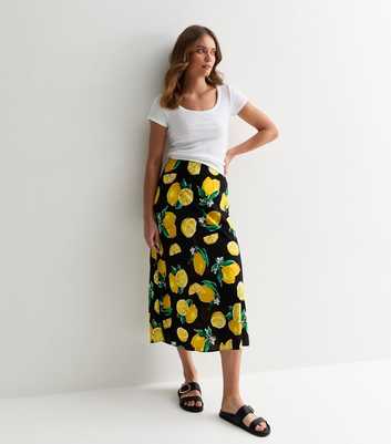 Black Lemon Print Bias Cut Midi Skirt