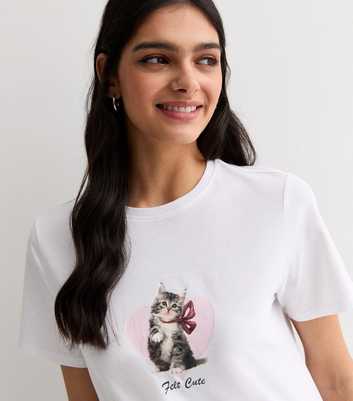 White Cotton Felt Cute Cat Logo T-Shirt