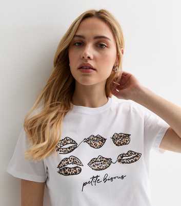 White Cotton Petite Bisous Leopard Lips Logo T-Shirt