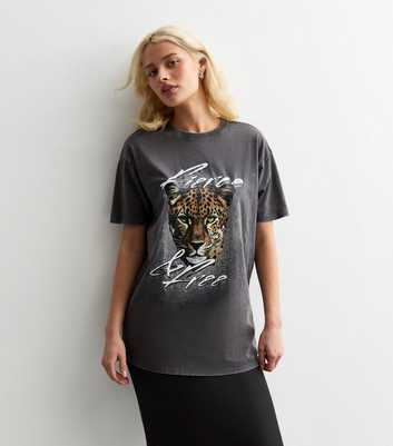 Dark Grey Fierce Leopard Print Oversized Cotton T-Shirt