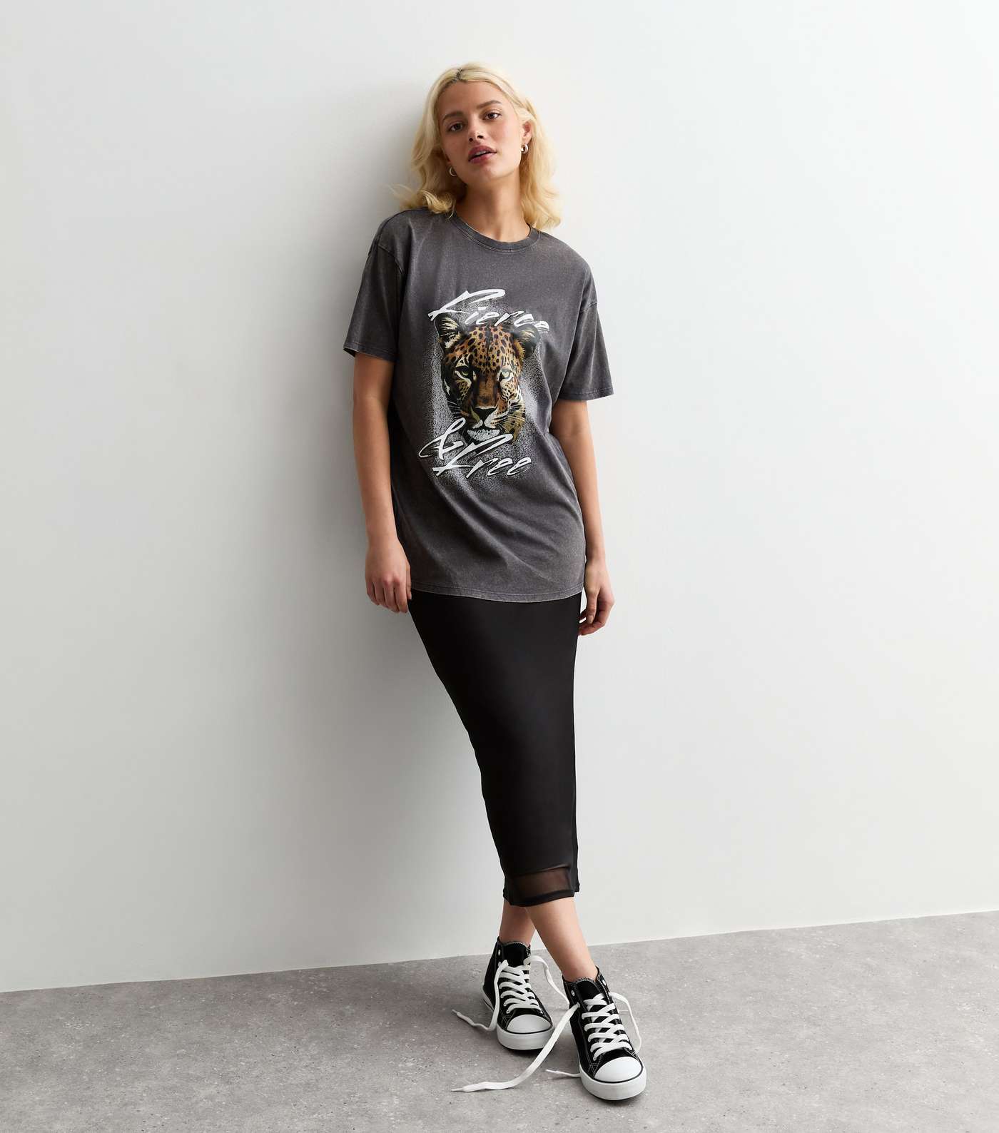 Dark Grey Fierce Leopard Print Oversized Cotton T-Shirt Image 3