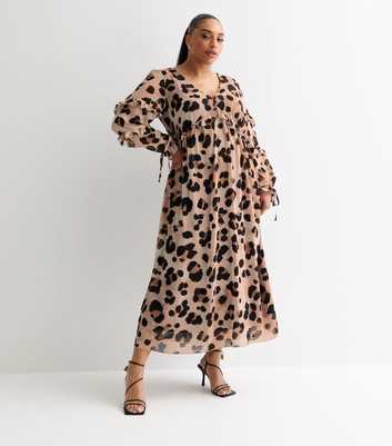 Curves Brown Leopard Print Frill Smock Midi Dress