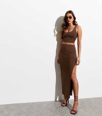 Dark Brown Asymmetric Split Hem Maxi Skirt