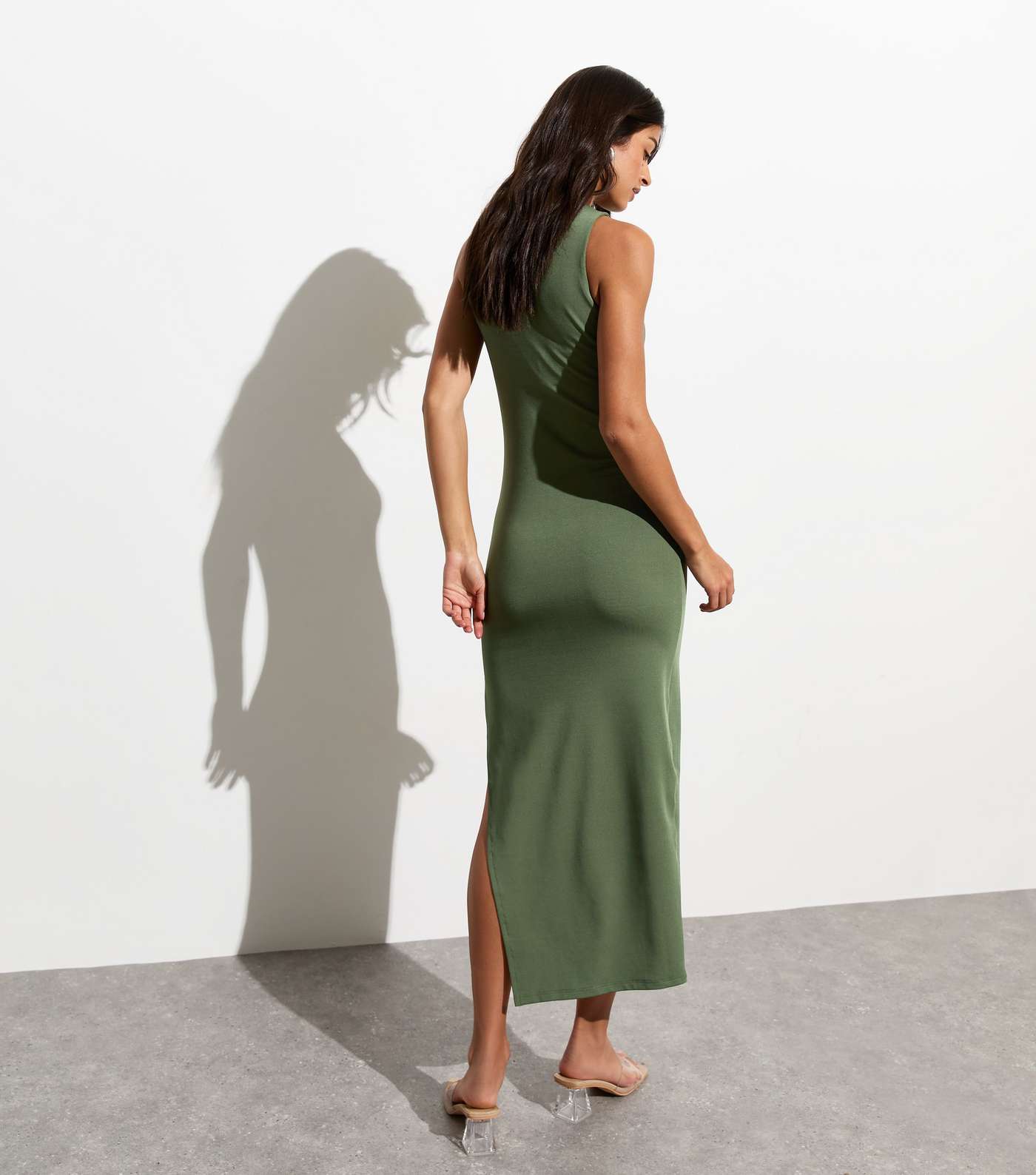 Olive Sleeveless Side Split Midi Dress Image 4