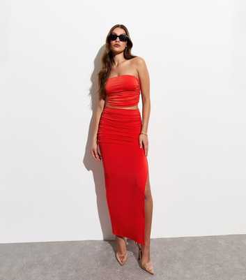 Red Ruched Side Maxi Skirt
