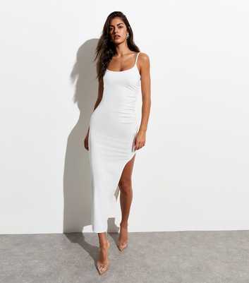 White Ruched Side Strappy Midi Dress