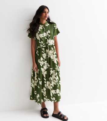 Green Leaf Print Satin Drawstring Midi Dress