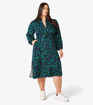 Apricot Curves Navy Lines Print Belted Midi Shirt Dress