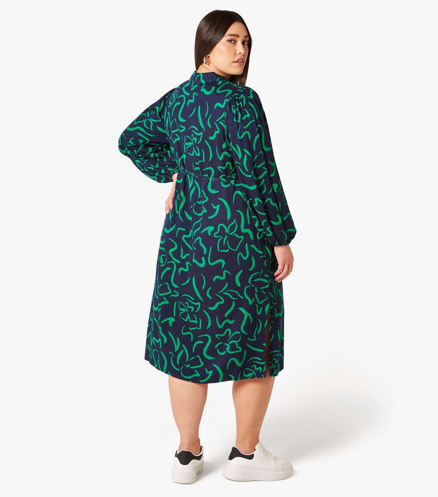 Apricot Curves Navy Lines Print Belted Midi Shirt Dress Image 3