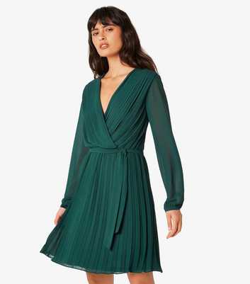 Apricot Dark Green Pleated Wrap Mini Dress