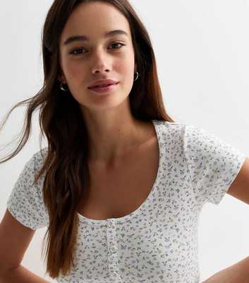 White Ditsy Floral Button Front Cotton Crop Top